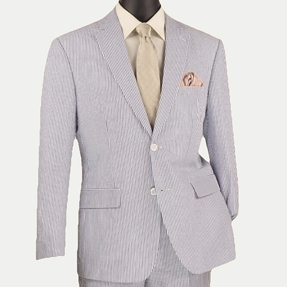 Vinci Seersucker Blazer Gray Striped Cotton 52S Preppy Old Money Wedding Summer
